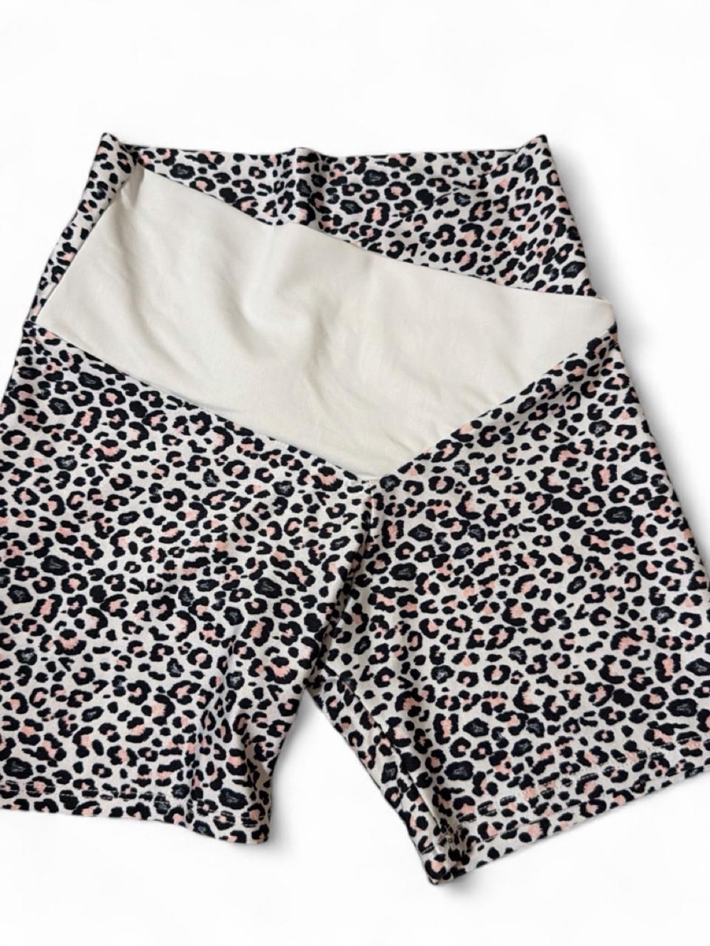 Onzie Leopard Print Bike Shorts with White Waistband and Pink Accents